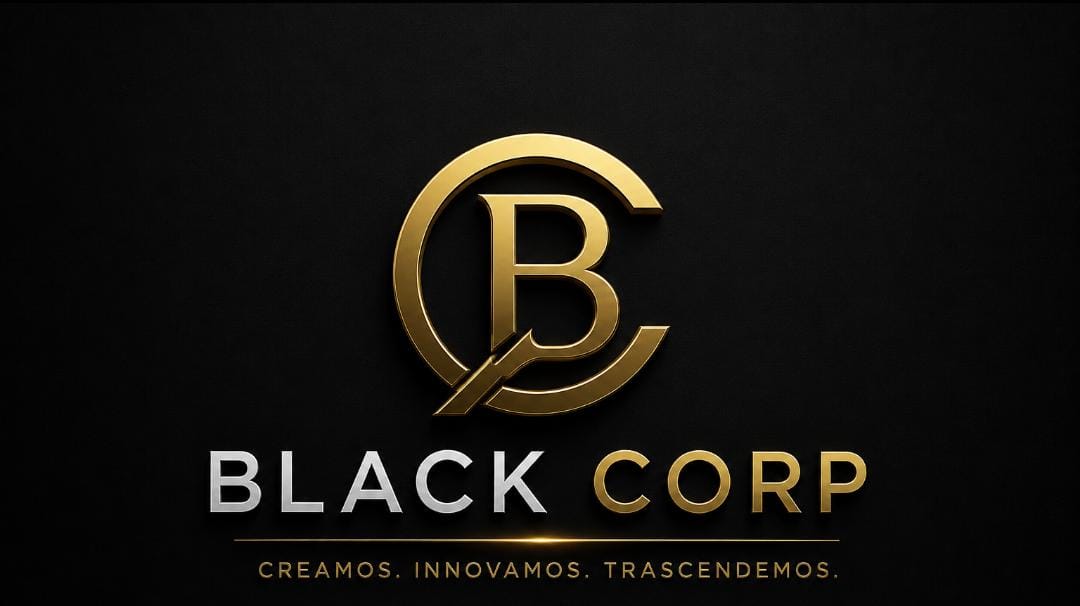 Logo de Corp Black: un emblema dorado con las letras B y C y el lema Creamos, innovamos, trascendemos